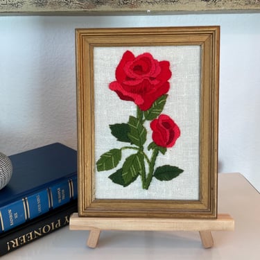 Vintage Crewel Rose Wall Art | Embroidered Red Rose Wall Hanging Art | Wood Framed Embroidery Red Rose Wall Art 