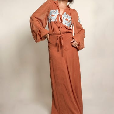 Thea Porter Couture 1970's Cotton Dress with Embroidered Butterfly's 