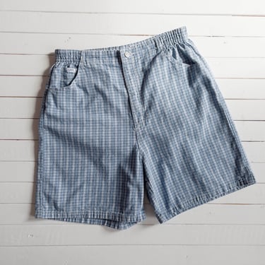 high waisted jean shorts | 80s 90s vintage Lee blue white plaid denim elastic waist pleated shorts 