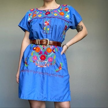 Vintage Handmade Blue Cotton Mexican Floral Embroidered Mini Dress Sz M 
