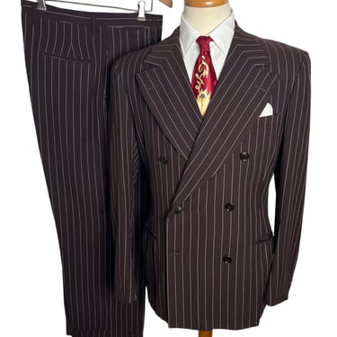 OUTSTANDING Vintage 1940s Double-Breasted 2pc Wool Pinstripe Suit ~ size 40 R ~ jacket / pants ~ Bold Look ~ Drop Loops ~ Chalk Stripe 