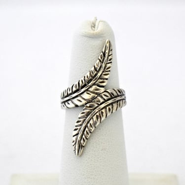 70's sterling double leaf size 4.75 hippie ring, artisan 925 silver pointed fronds tropical boho ring 