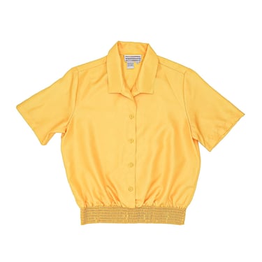 Vintage 70s Golden Yellow Short Sleeve Smocked Shirt Size Medium Summer Lightweight Cropped Blouse Button Down Top Collared Blouse 