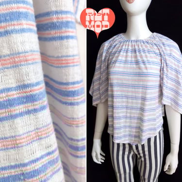 Unique Vintage 70s Pastel Blue Pink White Stripe Handkerchief Top 