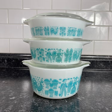 Vintage Pyrex Promotional All Turquoise on White Butterprint 471, 472, 473 Casserole Set w/Lids, Pyrex Butterprint Round Casserole Balloons 