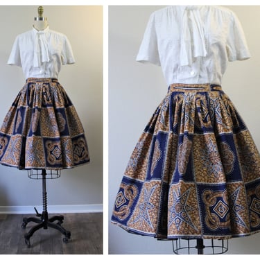 Vintage 1950s 50s Novelty Print Cotton Skirt ~ Batik / TIKI Circle ~ 26' Waist Rosecrest // Modern Size US 0 2 4 