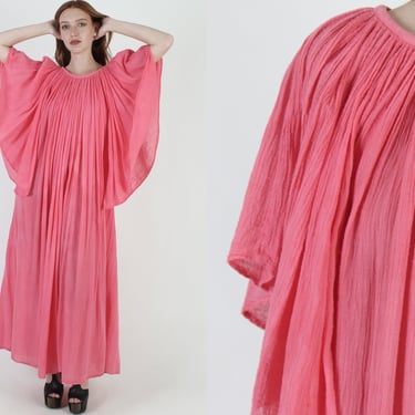Pink Flamingo Angel Sleeve Gauze Dress / Kimono Angel Arm Coverup / Baggy Womens Lounge Caftan Maxi Dress 