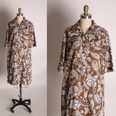 Late 1960s Early 1970s Brown, Black and White Half Sleeve Button Down Front Paisley Pattern Dress by Lady Manhattan -XL 