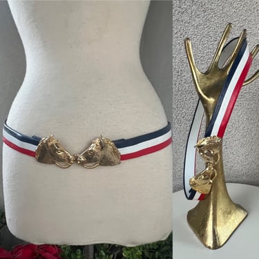 Vintage Mimi Di N 1974 horse buckles with faux leather removable belt red white blue 