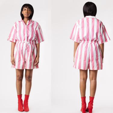 Vintage 80's Pink Stripe Shorts Romper Jumpsuit 