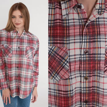 Vintage Flannel Shirt 80s Red Plaid Button up Shirt Lumberjack Long Sleeve Retro White Checkered Boyfriend Overshirt Cotton 1980s Medium M 