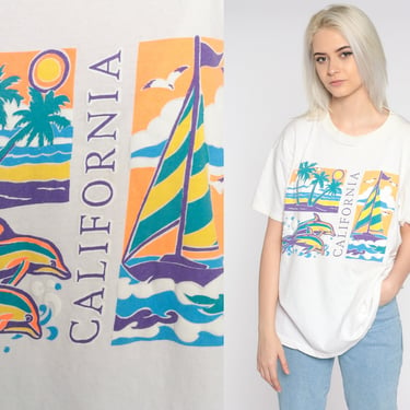 California T Shirt 90s Palm Tree Dolphin Shirt Sailboat Tshirt Graphic Tshirt Vintage Top Beach Retro Tee Large xl l 