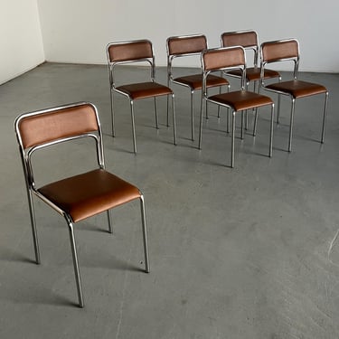 Set of 6 Bauhaus Chrome Tubular Steel and Brown Faux Leather / 80s Italian Modernist Stackable Dining Chairs 