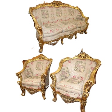 Sofa, Chairs (2), Highly Carved, Ornate, Gold Gilt, Embroidery,Vintage / Antique