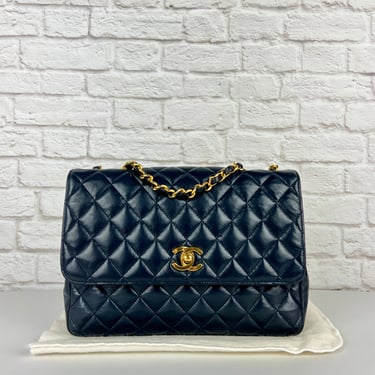 Chanel 1980s Single Flap Leather Handbag, Navy