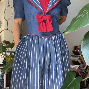 VTG 80s Deadstock Leslie Lucks Nautical Chambray Dress 