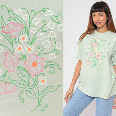 Glitter Floral T-Shirt 90s Sparkly Flower Graphic Tee Soft Mint Green Tshirt 1990s Vintage Cotton Jerzees Crewneck Tee Large L 