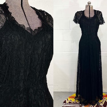 Vintage Black Lace Gown Dress Morticia Addams Short Sleeve Wedding Party Vampira Elvira New Year's Evening Hostess Prom Evening 1960s XS 