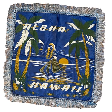 Vintage 1940s Satin + Fringe Aloha Hawaii Souvenir Decorative Pillow 
