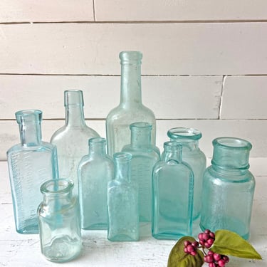 Vintage Light Blue Bottle Collection, Set of 10 // Bakers Of Flavoring Extract Or Mothers Of Friend Bottles, Trinkets // Perfect Gift 