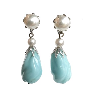 Vintage Czech Art Glass Earrings, Light Blue Teardrop Earrings with Faux Pearl Setting, Screw Back Earrings, Something Blue, Gift for Her 