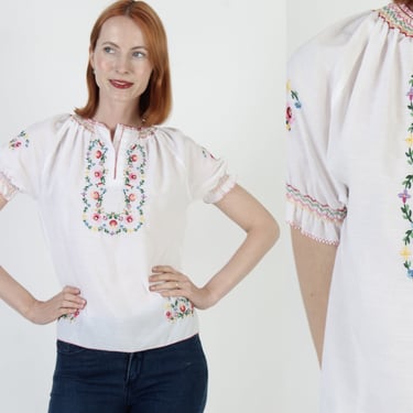 Hungarian Style Cotton Blouse, Floral Embroidered Swiss Top, Vintage Ethnic Needle Point Tunic 