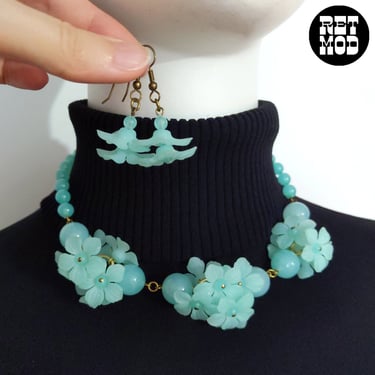 DEADSTOCK So Beautiful Vintage 60s Light Blue Flower Beaded Necklace & Dangle Earring Set 