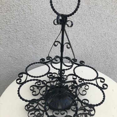 Vintage Spanish Revival black metal stand holder for 6 glasses or small bowls 14” x 10” 