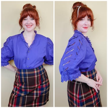 1980s Vintage Purple Cotton Eyelet Blouse / 80s Dirndle Austrian Oktober Fest Blouse / Size XL 