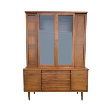 Mid Century Modern China Cabinet with Glass Display Wood Hutch and 3 Dovetailed Drawers - Vintage MCM Walnut Wooden Furniture 