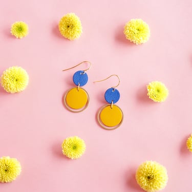 Mustard + Blue Orbit Leather Earrings - Colourful Retro Statement Earrings 