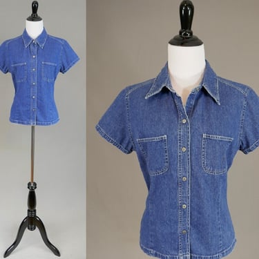 90s Gap Denim Shirt - Short Sleeve - Fitted Jean Top - Vintage 1990s - S M 