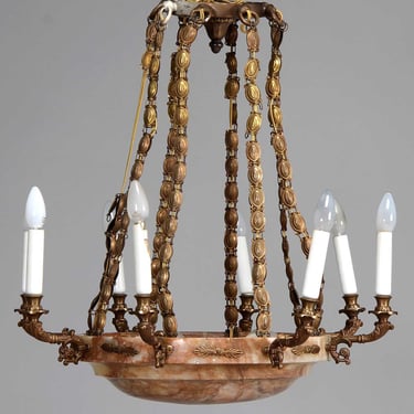 Italian Empire Style Bronze and Alabaster Bowl Eight-Arm Chandelier