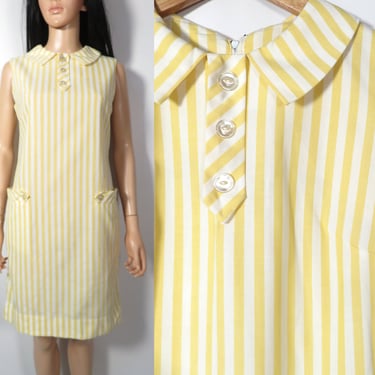 Vintage 60s Yellow Striped Cotton Shift Dress Size S/M 