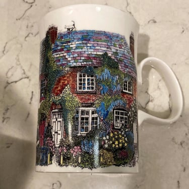 Vintage Dunoon Ceramics Made In England Cottages By Sue Scullard 10 oz. Mug, Brick House Garden Flowers with Cat on Roof by LeChalet