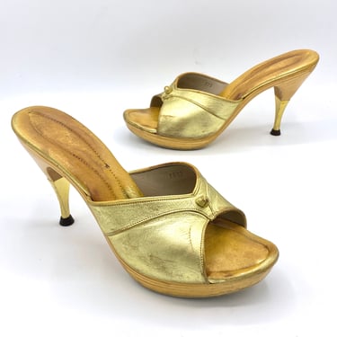 Vintage 1960s Gold 4" Stiletto Heel Mules, Metallic Leather VLV Bombshell Slides w/Wooden Base/Metal Heel Tip, US Size 7.5-8 