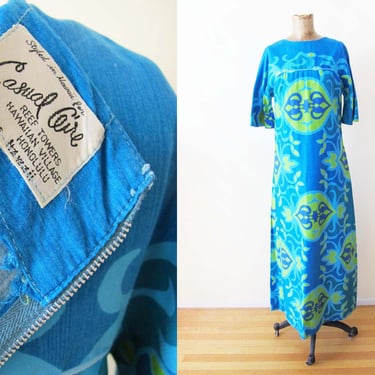 Vintage 60s Casual Ceire Paradise Hawaii Mumu Maxi Dress S - 1960s Long Blue Green Tiki Tropical Retro Dress 