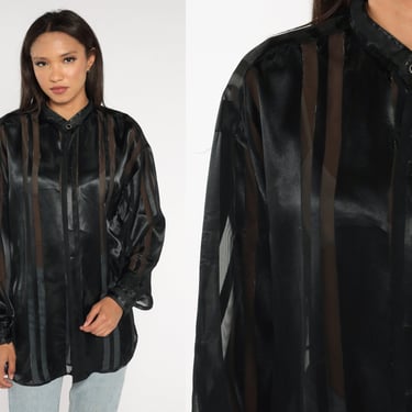 90s Sheer Blouse Black Striped Satin Top Button Up Shirt Vintage Metallic Shiny Shirt Formal Party Long Sleeve Shirt 1990s Clueless Large L 