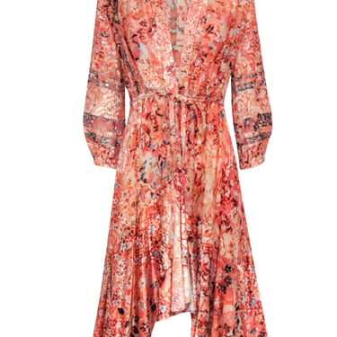 Hemant & Nandita - Semi-Sheer Floral Velvet Wrap Dress w/ Ruffled Hem Sz 2