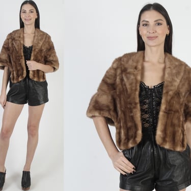 Vintage 60s Womens Real Brown Mink Fur Stole With Pockets 