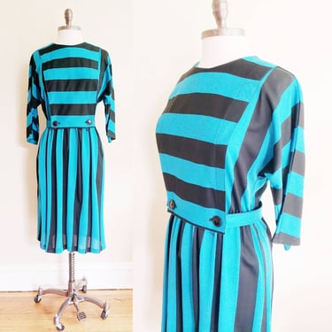 1980s Blue and Black Striped Dress / 80s Long Sleeved Dress Bold Print Buttoned Smock Chest / Medium / Lydie 