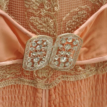 antique vintage 1920s peach shift dress w/ belt, embroidery XS-M 