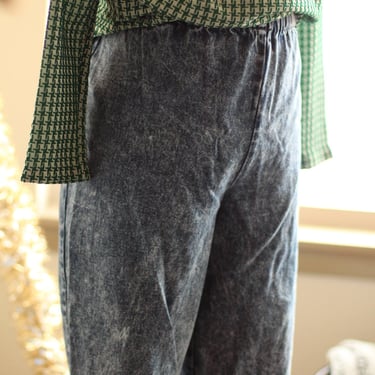Vintage 80s Oversized Acid Wash Trousers with Elastic Wast Band; 80s Denim Joggers with Buttons Running Down on the Outer Side; Large 