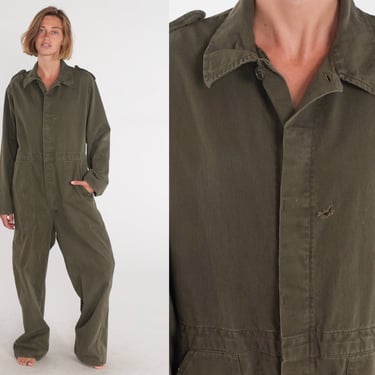 80s Army Coveralls Olive Green Military Jumpsuit Flight Suit Boilersuit Long Sleeve Boiler Suit Workwear Utility Vintage 1980s Mens Large L 