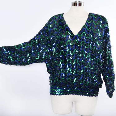 70's Blue & Green Disco Fully Sequined Top Blouse Dolman Sleeves Vintage 1970's 