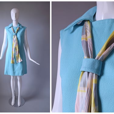 Vintage 1960s Union Made Blue Textured Pointed Collar Sleeveless Shift Dress With Attached Scarf 
