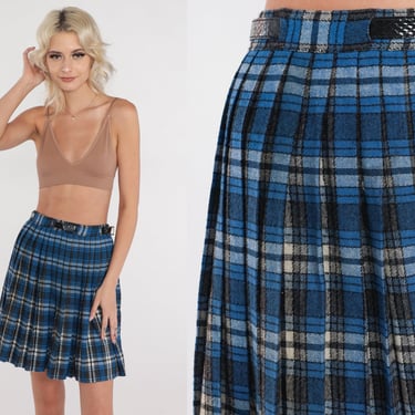 Blue Plaid Mini Skirt 70s School Girl Skirt Pleated Tartan High Waisted Belted Uniform Preppy Checkered Lolita Vintage 1970s Extra Small xs 