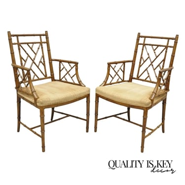 Hollywood Regency Faux Bamboo Fretwork Chinese Chippendale Arm Chairs - Pair