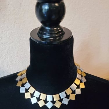 Vintage Mesopotamian gold and silver matte geometric modernist bib necklace 