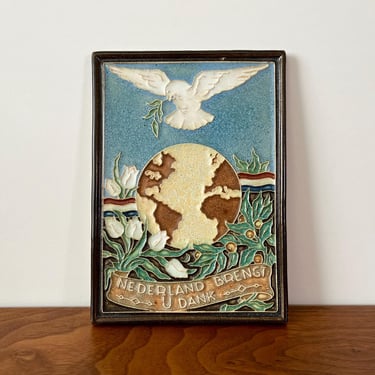 Vintage Porceleyne Fles Royal Delft Cloisonné Tile - World War II Peace Dove - The Netherlands Gives You Thanks 